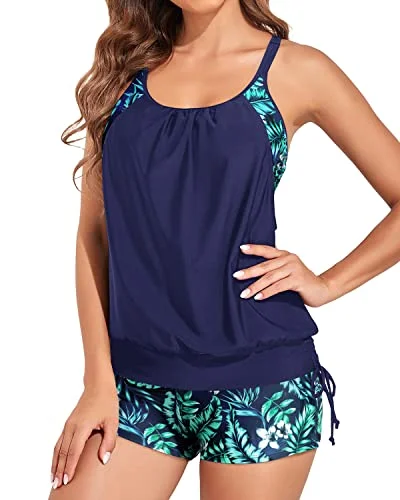 Flattering Blouson Tankini Top With Sporty Boy Shorts For Women-Blue Leaves