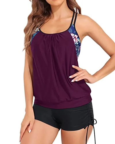 Sporty Blouson Swim Tank Top With Boy Shorts Bathing Suit-Wine Red Leaves