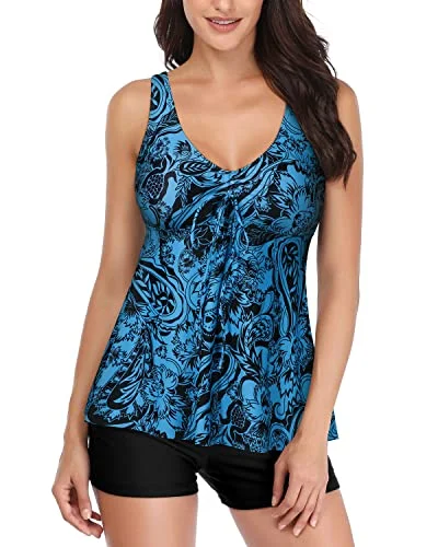 Women's Tankini Swimsuit With Full Coverage Tank Top With Boy Shorts-Black And Tribal Blue