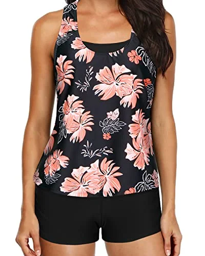 Push Up Padded Tankini Tank Tops Bra And Boyshorts-Black Orange Floral