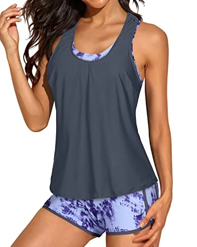 Stylish Open Back Tankini Top Sports Bra And Boyshorts Tankinis-Gray Blue Tie-Dye