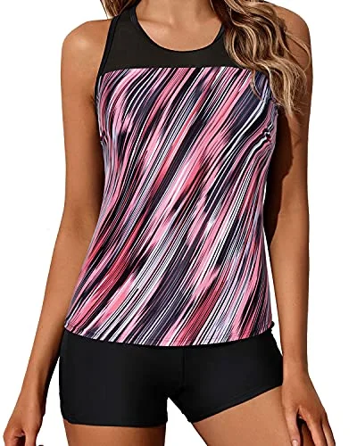 Racerback Tank Top Mid-Waist Boy Shorts For Women's Swimwear-Pink Stripe