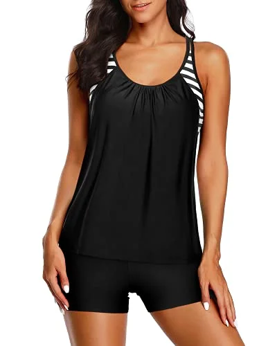 Layered Tankini Top Boy Shorts Casual Tankini Set-Black