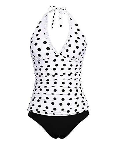 Open Back Tankini Top With Adjustable Strap V Neck Tankini Swimsuits-White Black Polka Dots