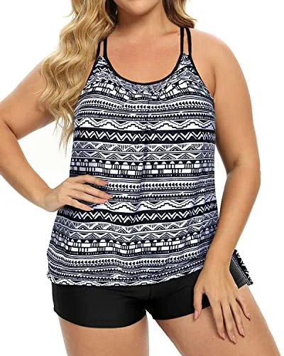 Plus Size Blouson Tankini Top With Boy Shorts For Women-Black Tribal