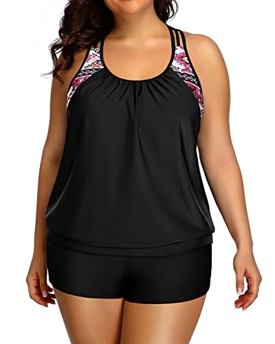 Blouson Racerback Tankini Top With Shorts For Plus Size Women-Black