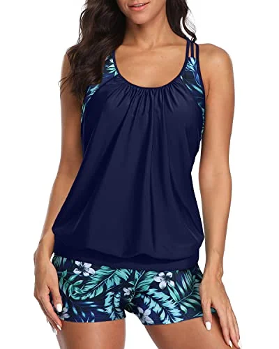 Women's Layered Design Tankini Tops Long Swim Shorts-Blue Leaves