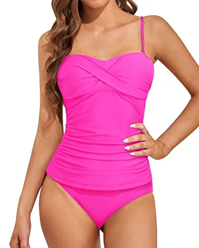 Twist Front Bandeau Tankini Top With Push Up Cups-Neon Pink