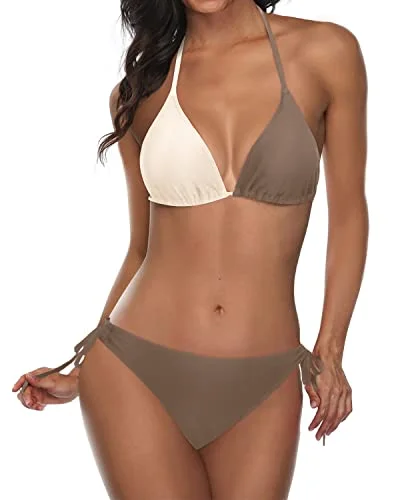 sporty tankini swimwear-Adjustable Ties Halter Top Thong Bikini Swimsuit For Women-Brown