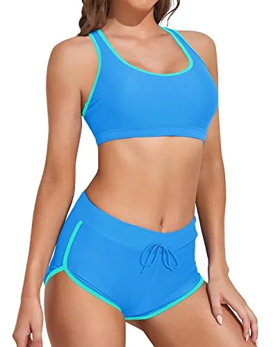 adjustable strap swimwear-Athletic Swimsuits Boyleg Shorts For Women's Beachwear-Light Blue And Light Green