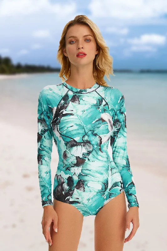 Palm Print Back Zip Long Sleeve UPF50+ Rash Guard