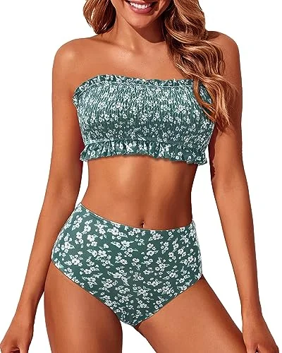 seamless black swimwear-Bandeau Smocked Top & High Waist Bikini Set