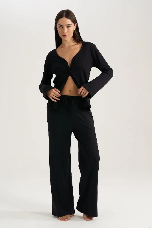 soft Lycra bikini-Wide-leg Rib Pants in Black