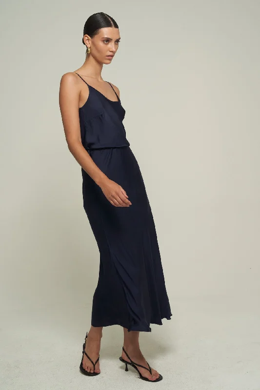 breathable bikini fabric-SATIN MIDI SKIRT IN NAVY