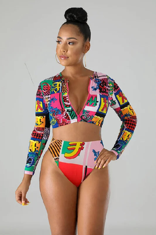 Block Print Bathing Suit Zipper Up Crop Long Sleeved Swimsuit UPF50+ Rash Guard