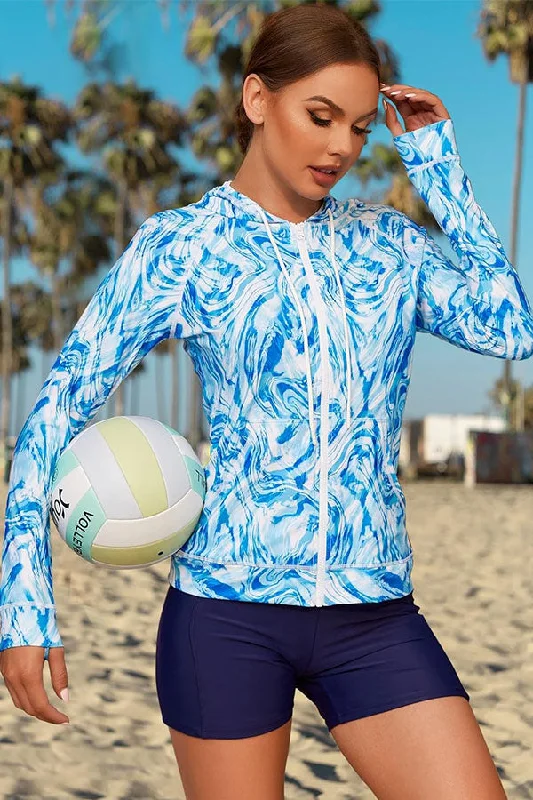 Blue and White Quick-Dry Long Sleeve Swimsuit UPF50+ Rash Guard