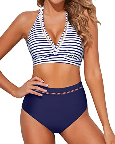 tie-front swimwear suit-Breathable Mesh V Neck High Waisted Bikini Sets For Women-Blue White Stripe