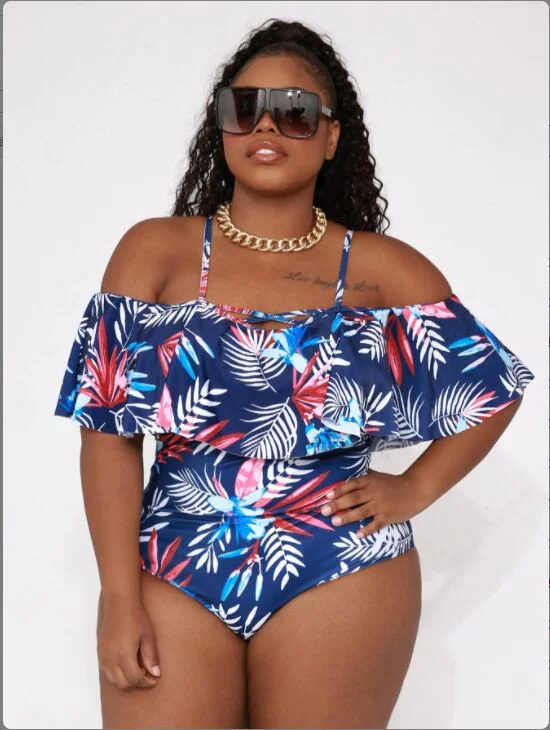 Upopby Cold Shoulder Swimsuit Plus Size Floral-Print Swimwear