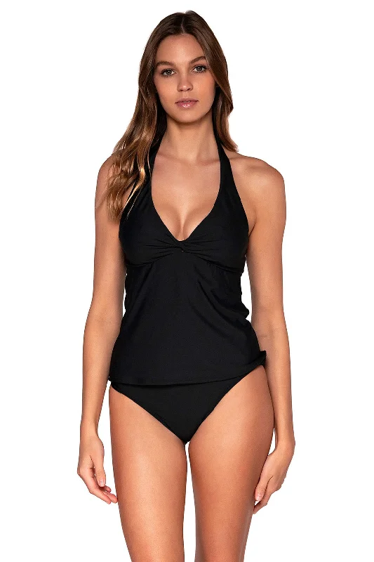 minimalist swimwear design-Sunsets Black Heidi Tankini