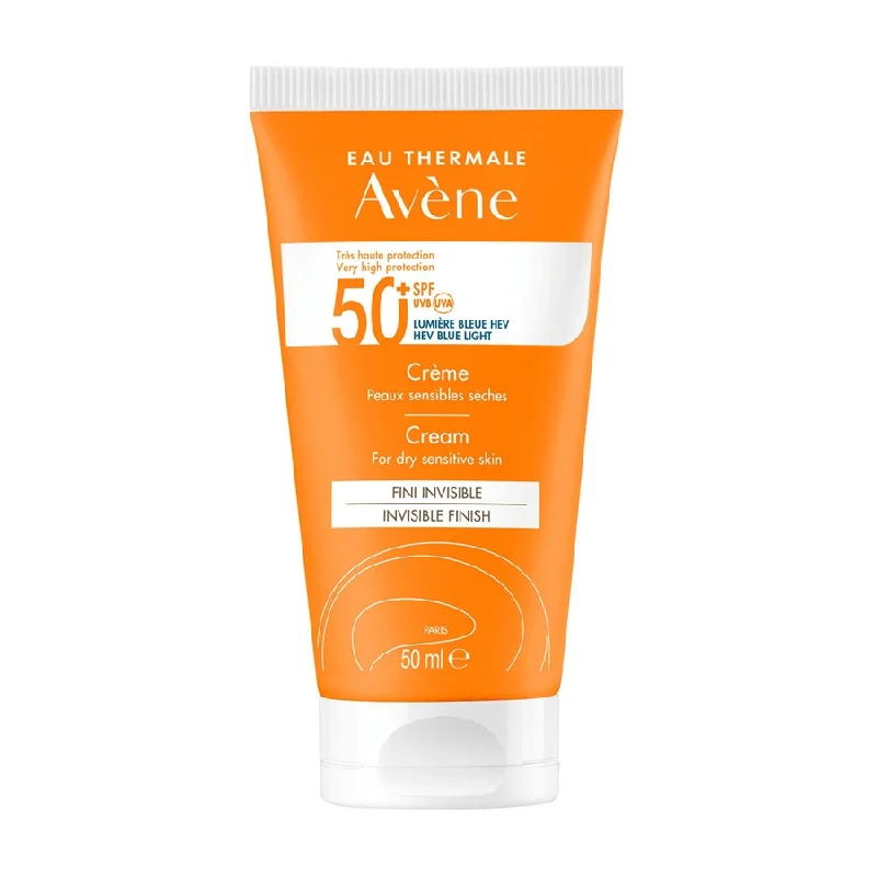 sweat-proof sunscreen-Cream SPF 50+ UVB UVA Blue Light HEV 50ml Solaire Peaux sensibles sèches Avène