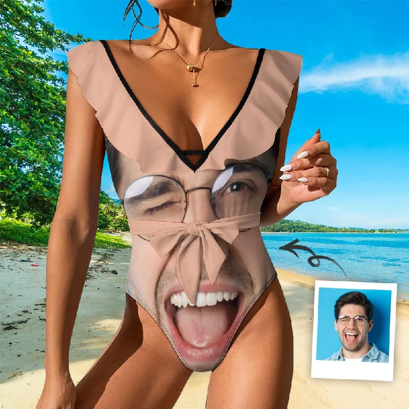 Custom Big Funny Face V Neck Ruffle One Piece Swimsuit Sexy Belt Bathing Suit Tie Back