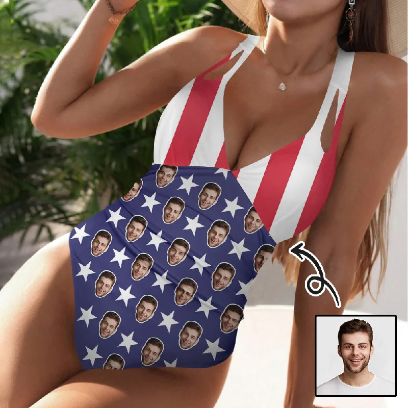 Custom Deep V Neck Cross Back Tie One Piece Swimsuit Personalized Face Flag Bathingsuit Swimwear