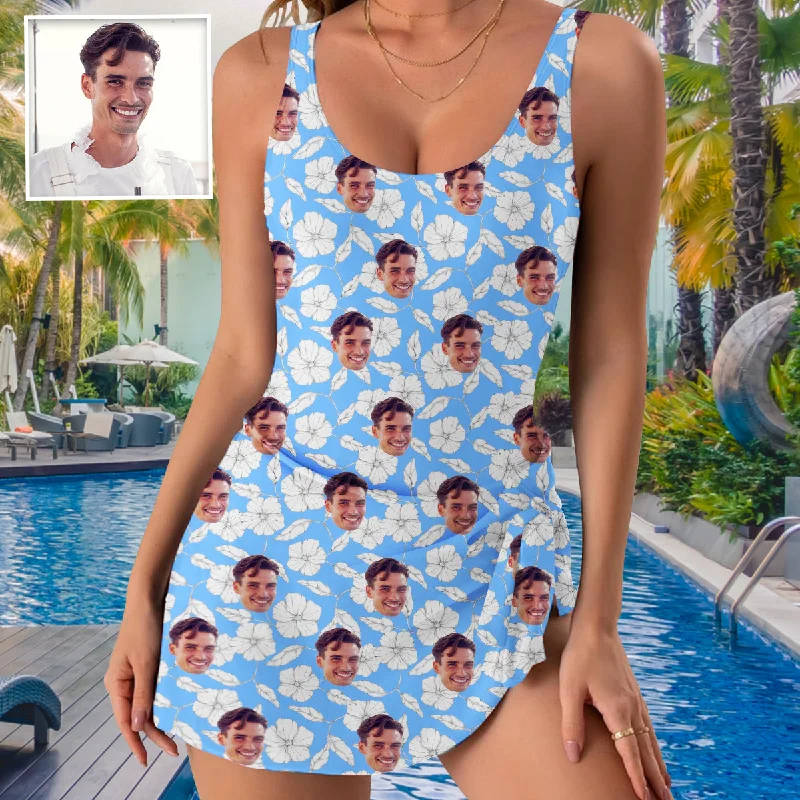 Custom Face Tank Top One Piece Swimsuit Personalized Face White Flower Sky Blue One Piece Bathing Suit