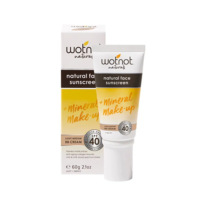 reef-safe sunscreen-Wotnot Naturals Natural Face Sunscreen SPF 40 + Mineral MakeUp BB Cream Light/Medium Beige 60g