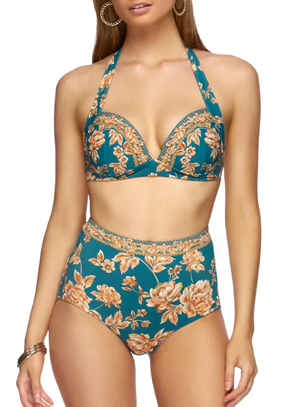 sporty racerback bikini-Enchantment High Waist Bikini Pants - Teal Floral