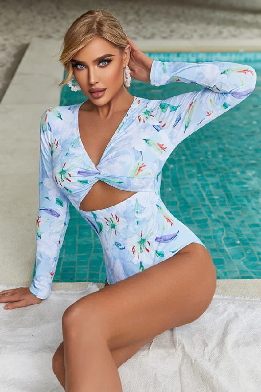 Floral Print Twist Front One Piece Rash Guard