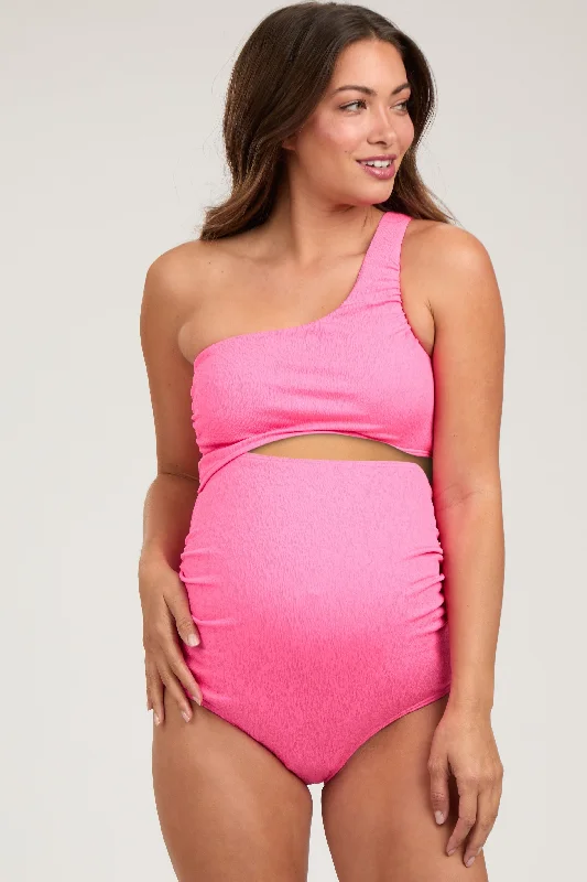 Fuchsia Asymmetrical One Shoulder Side Cutout One-Piece Maternity Swimsuit