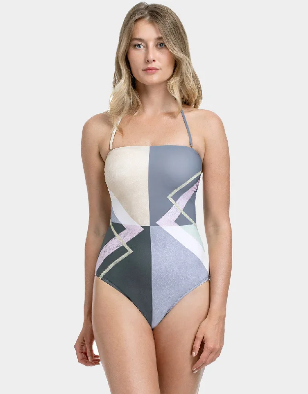 Modern Art Bandeau Swimsuit - Multi Grey