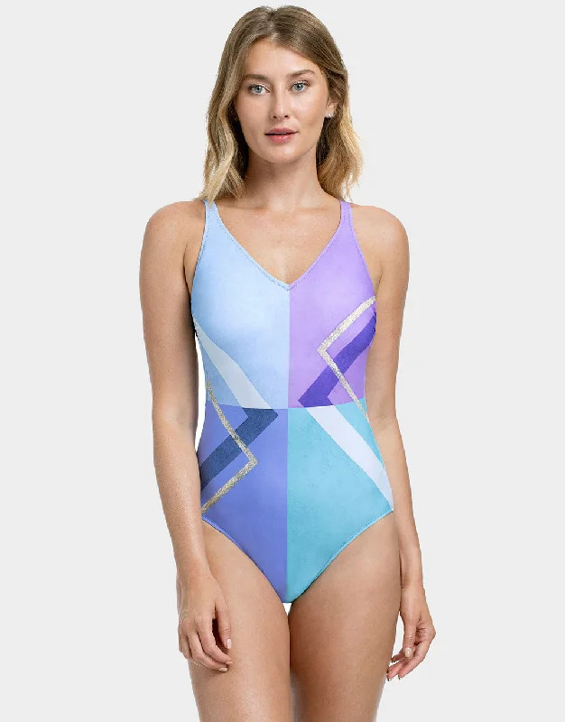 Modern Art V Neck Swimsuit - Multi Blue