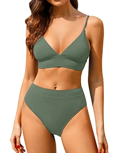 UV-protective swimwear-Classic High Waisted Bikini Set Two Piece Triangle Bathing Suits-Olive Green