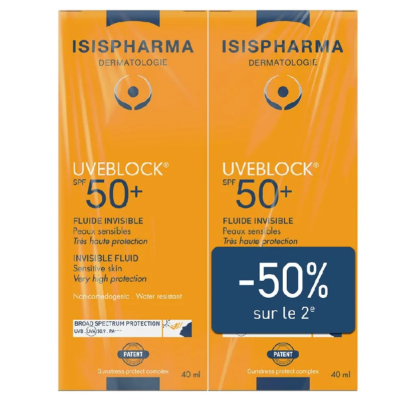 SPF 100 sunscreen spray-Invisible Fluid Spf50+ for Sensitive Skin 2x40ml Uveblock Isispharma