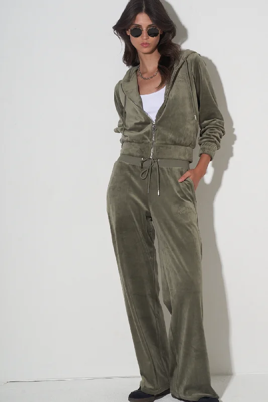 stretchy nylon bikini-WIDE-LEG VELOUR TRACK PANTS IN OLIVE GREEN