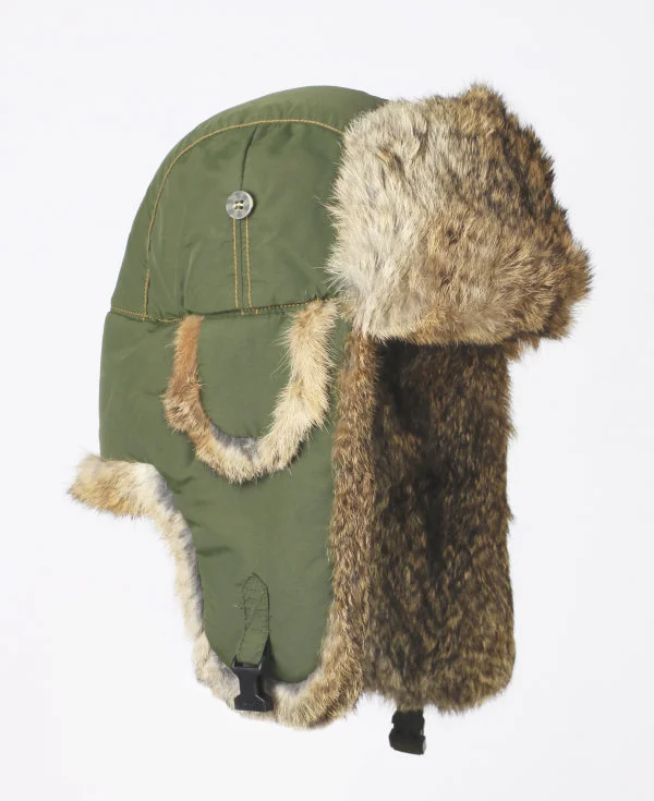 soft floppy sun hat-Supplex Bomber Hat - Olive with Brown Rabbit Fur