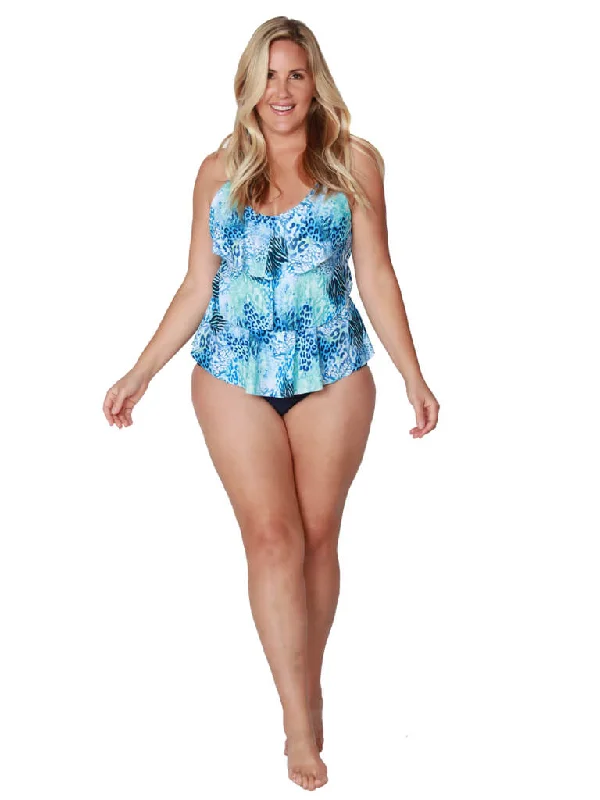 UV-resistant swimwear-A tiered front tankini with a mid-rise bottom