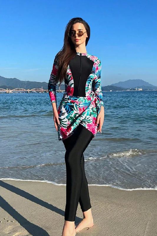 Muslim Modest Contrast Floral Print Long Sleeve Burkini Set UPF50+ Rash Guard With Skirt And Pants