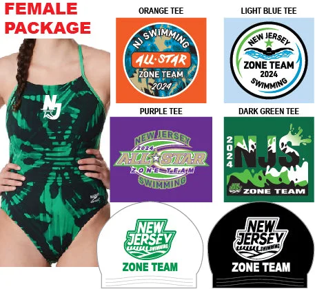 modern black sun hat-NJZ_FEMALE_PACKAGE- (Speedo Female Reflected One Back), (Team Short Sleeve Tees (1 Orange, 1 Light Blue, 1 Purple, 1 Dark Green) with NJ Swimming 2024 Zone Team logos), (Latex Caps: 1 White & 1 Black)