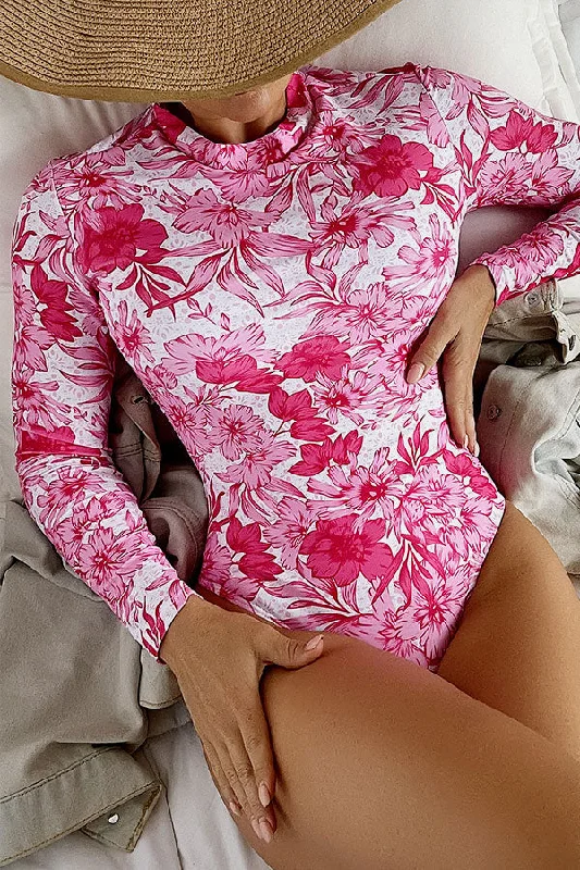 Pink Floral Print One-Piece High Neck Swimsuit Long Sleeve UPF50+ Rash Guard