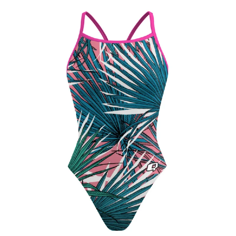 Pink Palm Skinny Strap Swimsuit