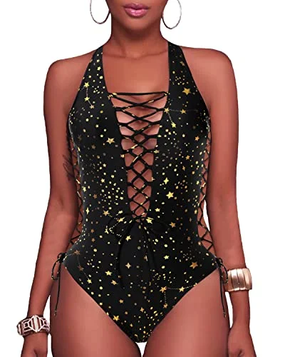 Plunge V Neck Strappy Cutout One Piece Swimsuits-Gold Stars