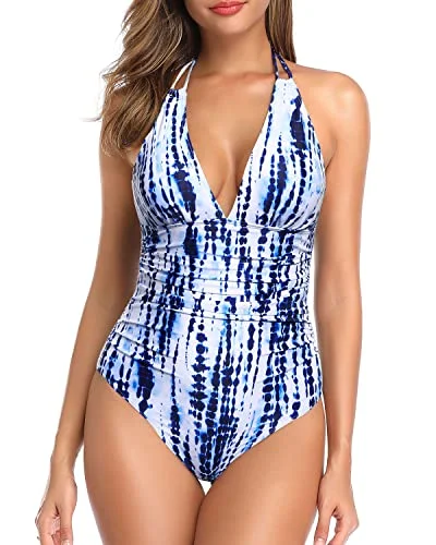 Plunge V Neck Women One Piece Swimwear Open Back Swimsuits-Blue Tie Dye