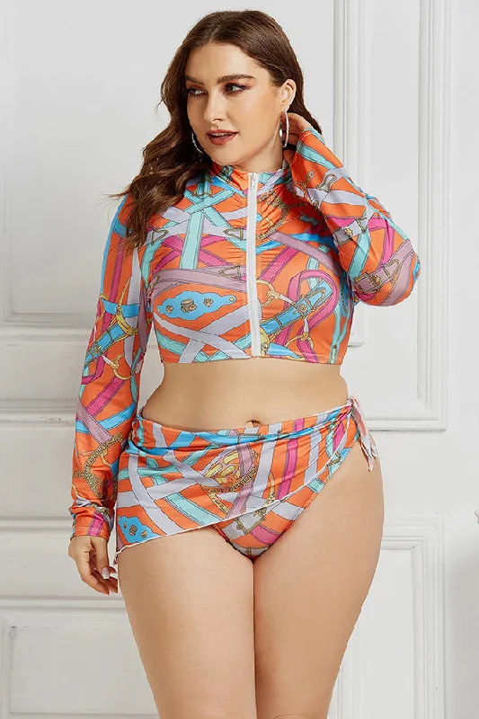 Plus Abstract Colorful Geometric Pattern Print Long Sleeve Swimsuit Rash Guard Set