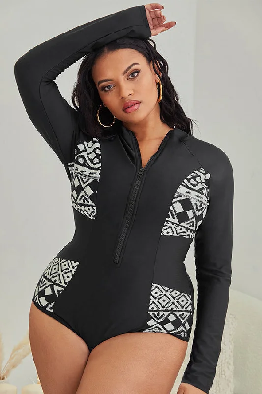 Plus Geometric Prints Zipper Front One Piece Swimsuit UPF50+ Rash Guard