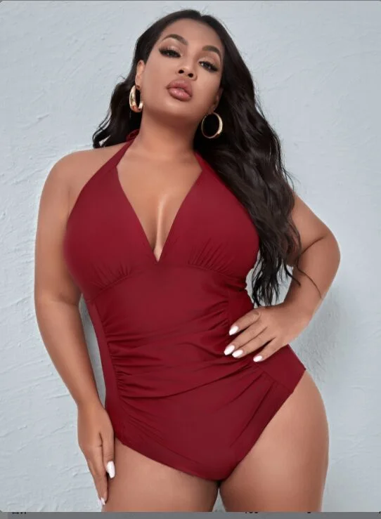 Upopby Red Halter Belly Control One-Piece Slim Swimsuit Plus Size