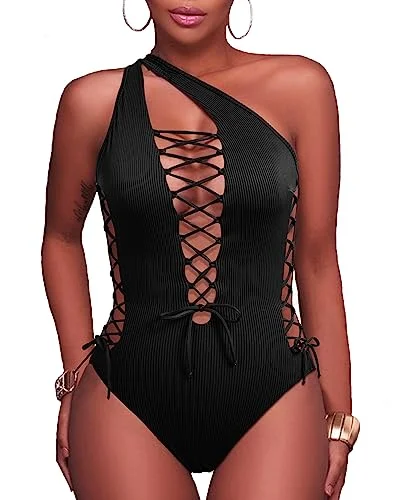 Ribbed Sexy One Piece Swimsuit Lace Up Plunge V Neck Swimwear for Women