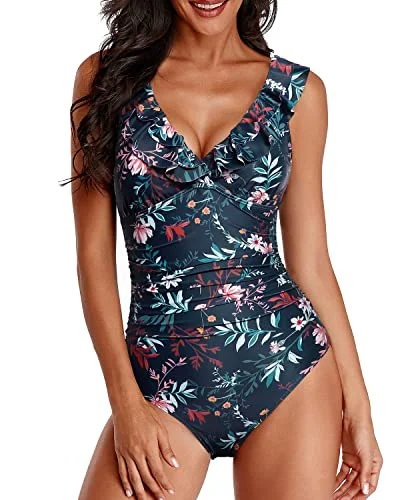 Ruched Pattern One Piece Tummy Control Ruffle V Neck Swimwear-Blue Flower