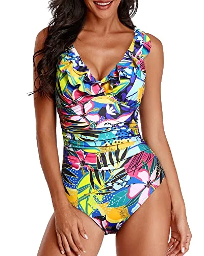 Ruffle V Neck One Piece Swimsuits for Women Tummy Control Bathing Suit